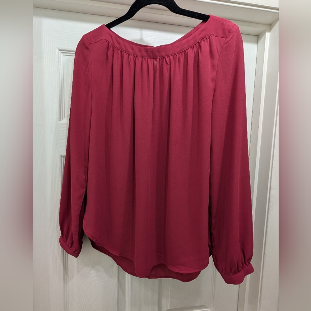 Ann Taylor Loft Burgundy Long Sleeve Chiffon Blouse Size Small